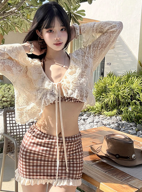 新款泳衣女比基尼四件套性感棕色复古格子高级感度假温泉裙式泳装