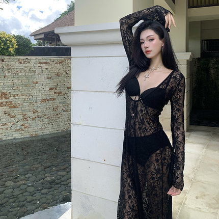 新款比基尼长裙三件套网红超仙纯欲性感高级绝美海岛温泉渡假泳衣