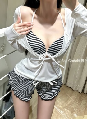 新款条纹比基尼三件套小胸聚拢少女渡假温泉分体罩衫显瘦遮肉泳衣