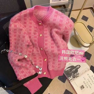 針織開衫 外套 韓系溫柔短款 小香風粉色格子軟糯毛衣女2023春夏新款