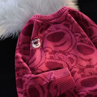 外套 日系可爱草莓熊粉色毛衣女秋冬加绒宽松慵懒风软糯奶系针织衫