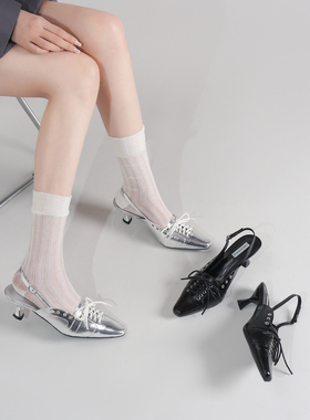 林向晚 千禧Y2K~尖头银色高跟鞋设计感小众辣妹风绑带包头凉鞋女