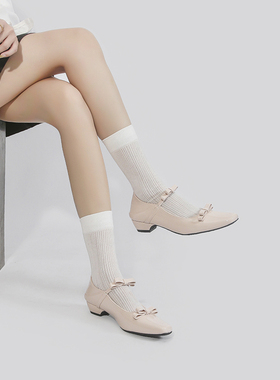 林向晚 花季少女~裸色单鞋女蝴蝶结玛丽珍鞋一脚蹬内增高小皮鞋女