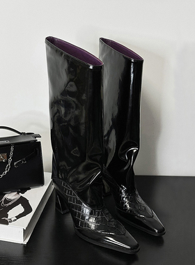 林向晚 暗黑特工~小众设计不过膝黑色长靴大筒围裤管靴甜酷风靴子