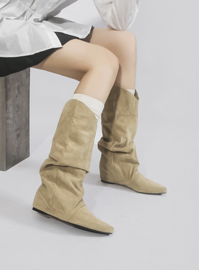 林向晚 简约慵懒~美拉德不过膝长靴女内增高西部靴复古褶皱堆堆靴