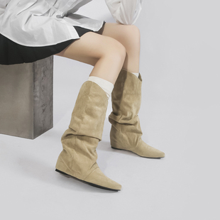 林向晚 简约慵懒~美拉德不过膝长靴女内增高西部靴复古褶皱堆堆靴
