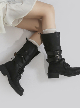 林向晚 美式辣妹~黑色短靴女西部风厚底机车靴大筒围系带骑士靴女