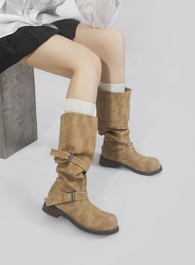 林向晚 韩里韩气~美拉德不过膝厚底长靴女皮带扣复古风褶皱堆堆靴