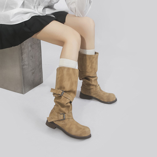 林向晚 韩里韩气~美拉德不过膝厚底长靴女皮带扣复古风褶皱堆堆靴