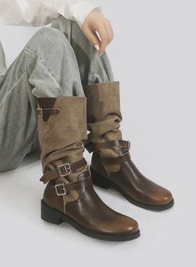 林向晚 巴恩少女~复古做旧西部靴秋冬新款不过膝长靴女拼色骑士靴