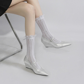 林向晚 女 设计感小众坡跟学院通勤风尖头单鞋 高智千金 银色高跟鞋