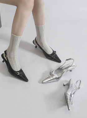 林向晚 暗黑少女~黑色高跟鞋设计感小众中古风铆钉韩系千金凉鞋女