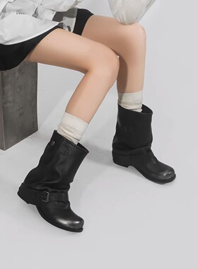 林向晚 都市少女~复古西部牛仔靴女厚底俏皮圆头短靴褶皱堆堆靴