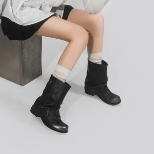 林向晚 都市少女~复古西部牛仔靴女厚底俏皮圆头短靴褶皱堆堆靴