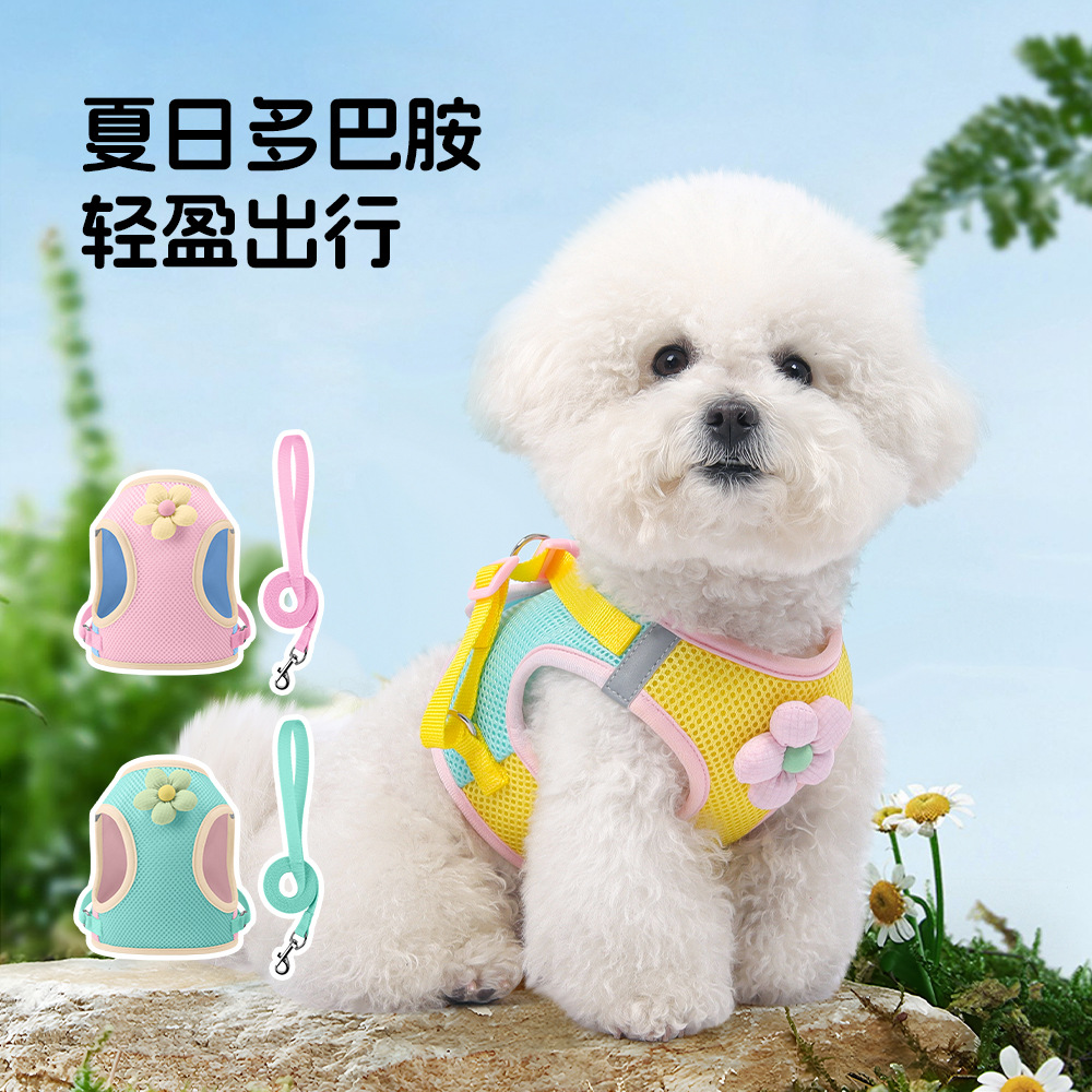 狗狗牵引绳多巴胺撞色小狗胸背比熊柴犬透气减负户外遛狗牵引绳