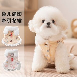 狗狗衣服公主风兔耳满印牵引连衣裙秋冬季加厚保暖冬裙宠物衣服