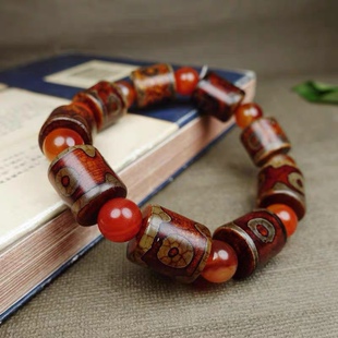 藏区回流老料高油包浆真品至纯红三眼天珠手链手串玛瑙玉髓天眼石