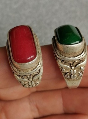 古文杂项藏银足银镶嵌玉石玛瑙宝石民族活口戒指指环