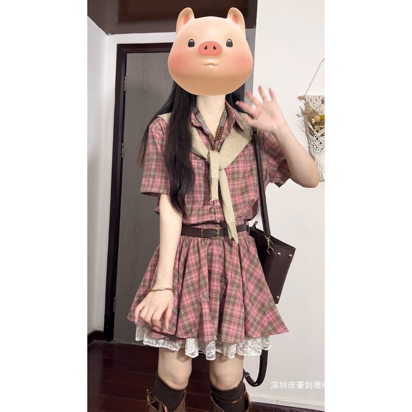 Asami粉色格子衬衫连衣裙子女2026春秋新款韩系特别漂亮掐腰短裙