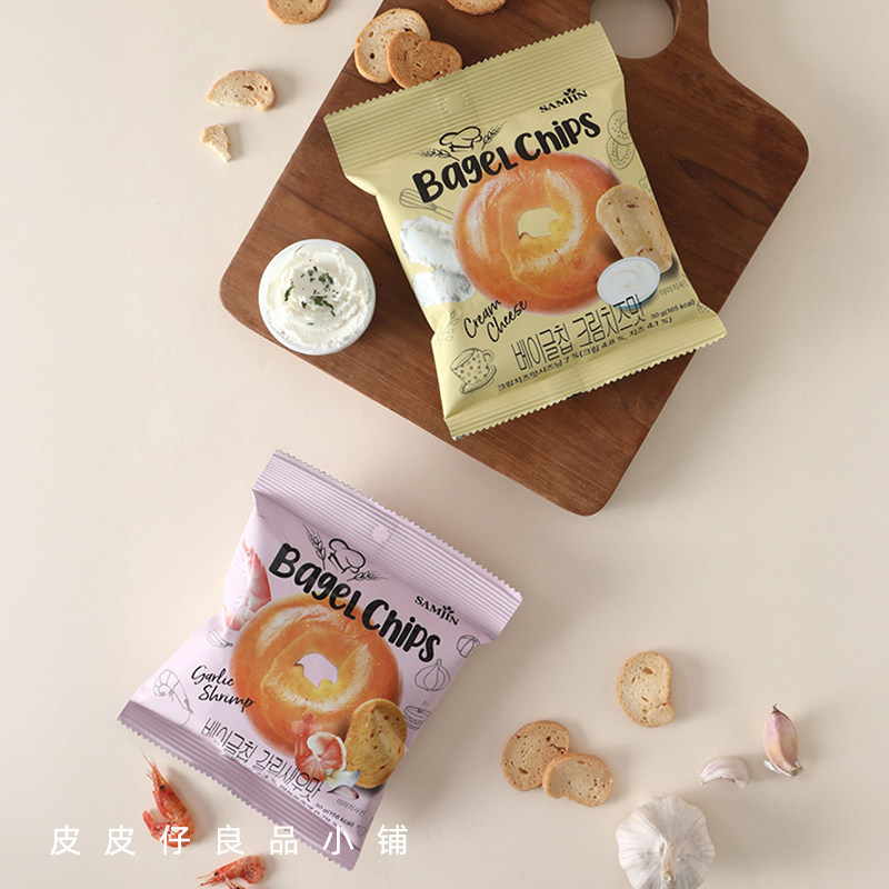 3袋包邮 韩国便利店SAMJIN贝果面包脆饼干蒜香虾仁奶油芝士味脆点