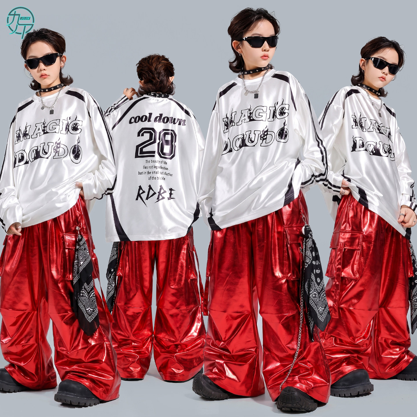 少儿嘻哈街舞演出服男女童酷帅白色长袖hiphop架子鼓舞蹈练功服装