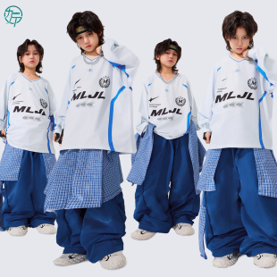 街舞儿童潮服男女孩酷帅白色长袖T恤嘻哈hiphop架子鼓团体演出服
