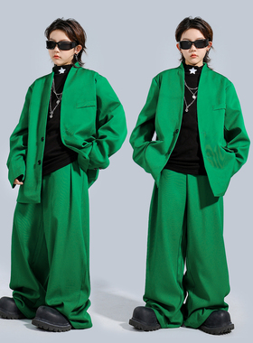 儿童嘻哈街舞演出服男女童绿色西服locking锁舞服装走秀礼服套装