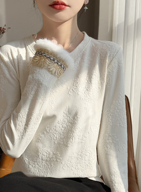 轻奢新中式百搭圆领加绒毛衣针织衫女国风提花刺绣打底衫保暖上衣