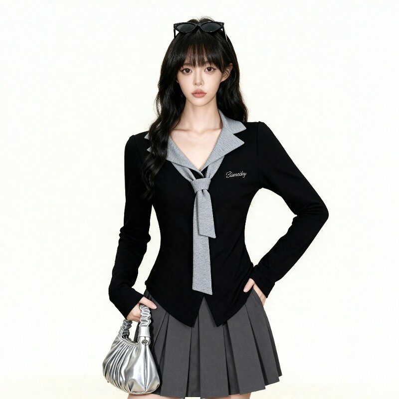 黑色假两件拼接针织衫女春秋韩系学院风设计感修身内搭打底上衣冬