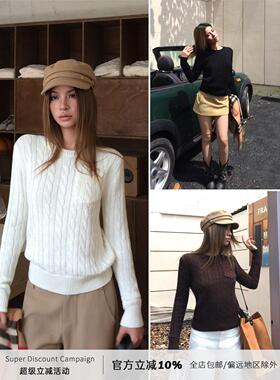 Audwyn圆领麻花毛衣修身针织衫女初秋新款直筒百搭气质长袖上衣