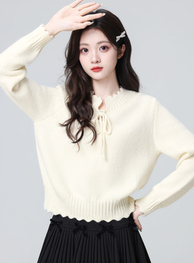 米白色圆领毛衣女春秋2026春新款系带宽松花边内搭针织衫短款上衣