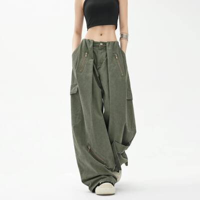 EDX美式复古军绿色伞兵裤夏季工装裤女款宽松阔腿裤拖地裤子薄款