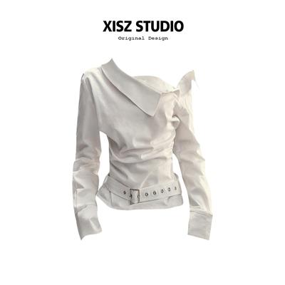 法式设计感露肩褶皱腰带短款衬衫女早秋新款小众修身辣妹百搭上衣