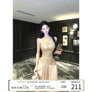 气质长裙裙子 无袖 灰尘邓邓 蕾丝拼接挂脖连衣裙女2026早春新款