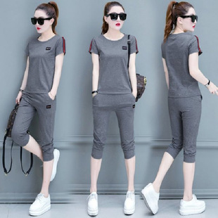 2024夏季短袖七分裤休闲套装女宽松时尚韩版大码跑步运动服两件套