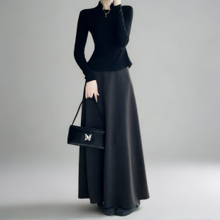 毛呢高腰A字半身裙长版 廓形拉炼a型秋冬显瘦百搭休闲拖地长裙裙子