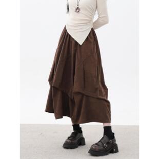 裙子 棕色中长款 NHOO恩逅 褶皱设计感A字灯芯绒半身裙女秋冬新款