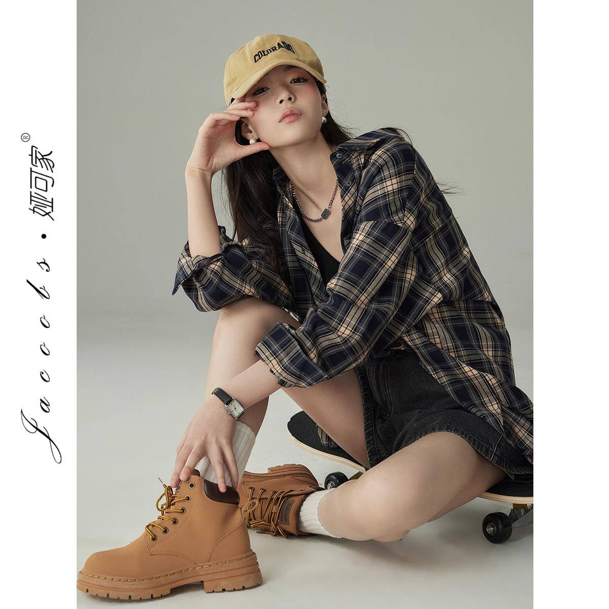 娅可家经典格子衬衫女春秋复古港味气质宽松休闲通勤别致衬衣上衣