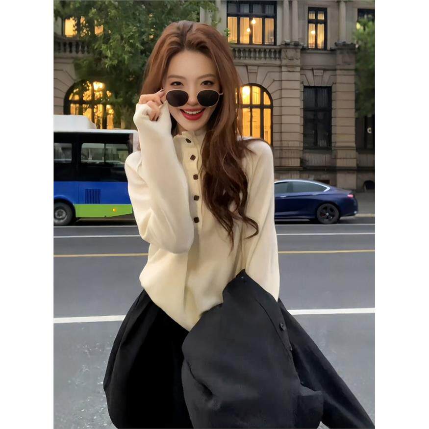 大码女装韩系立领纽扣毛衣针织衫2025秋冬宽松内搭打底衫气质上衣