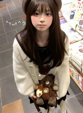 JK制服秋季水貂绒温柔风毛绒绒针织开衫慵懒宽松毛衣外套女中长款