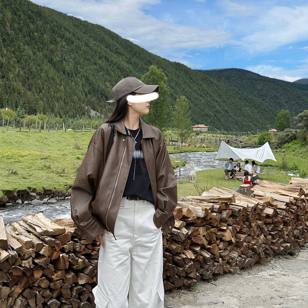 皮衣女外套2025新款秋冬季加厚覆古棕色夹克机车美拉德小个子