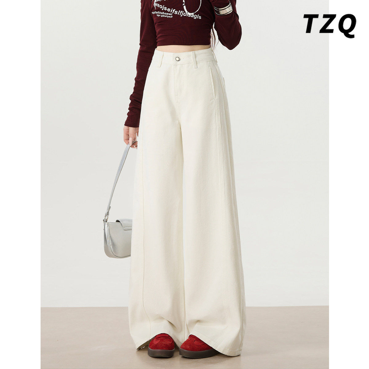 美式阔腿牛仔裤女2026春季新款时尚拼接高腰宽松显瘦垂感直筒裤子