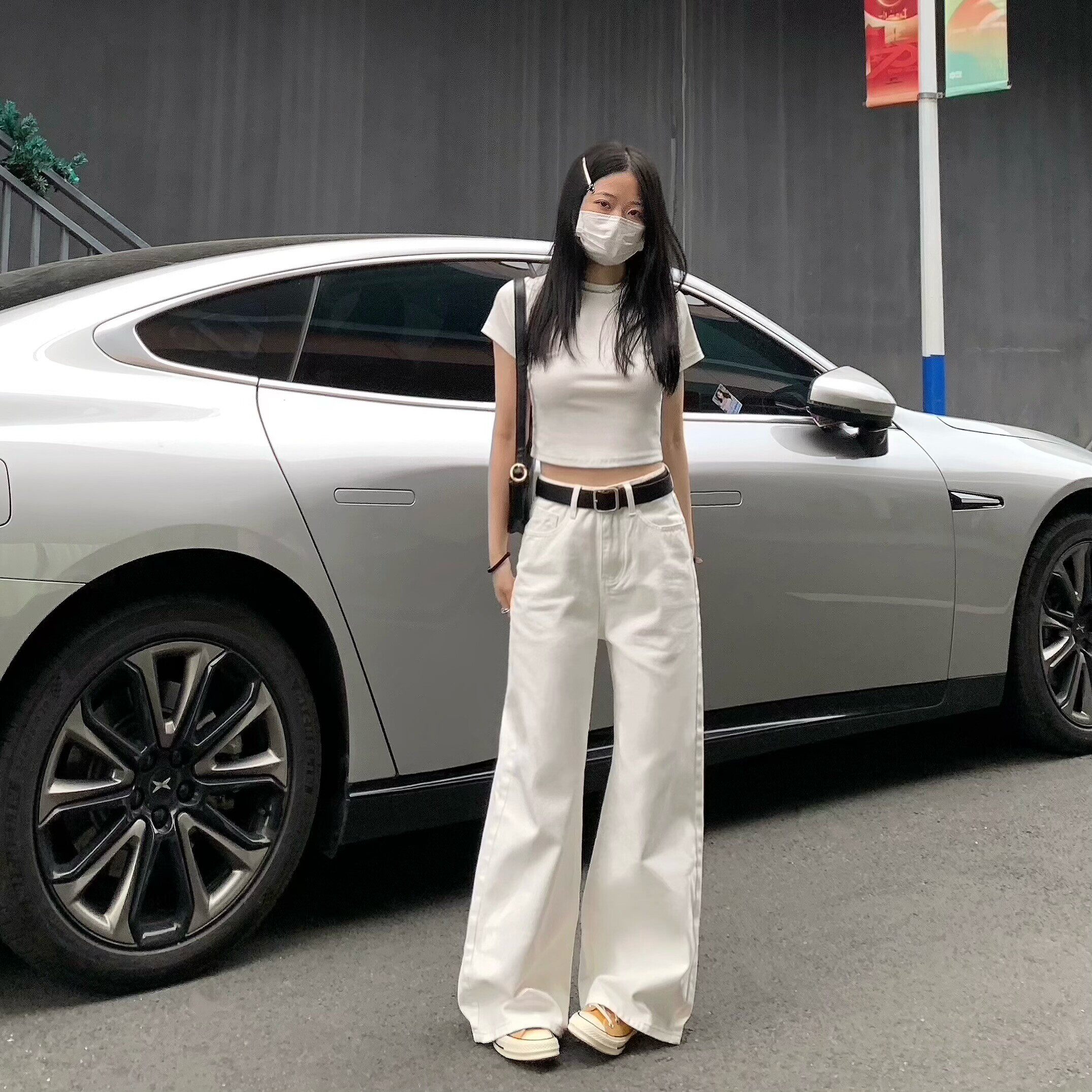 纯哥家白色阔腿牛仔裤女2025年春夏新款高腰宽松显瘦直筒拖地裤子