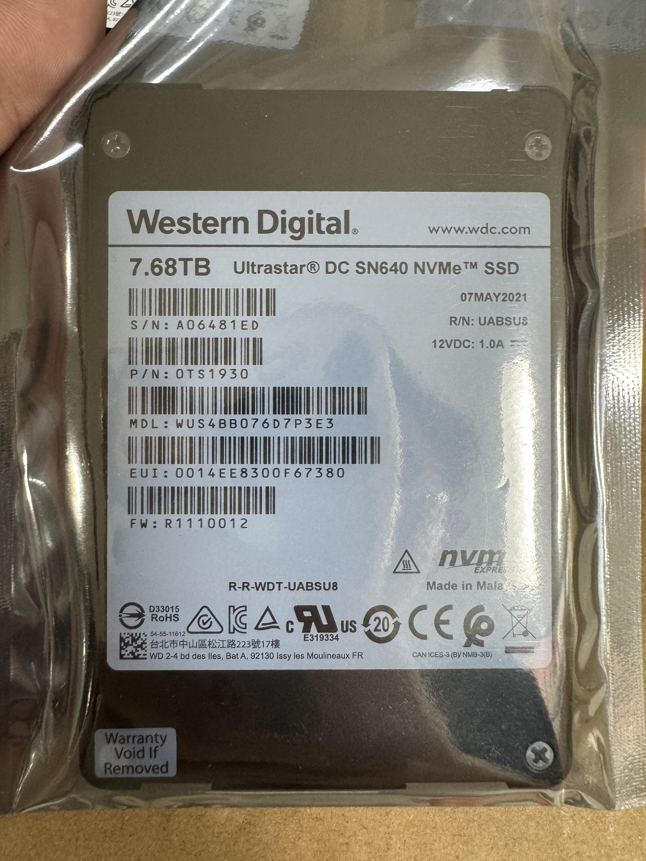 西部数据WD/西部数据SN640 7.68t u2 nvme pcie硬盘 拆机硬盘