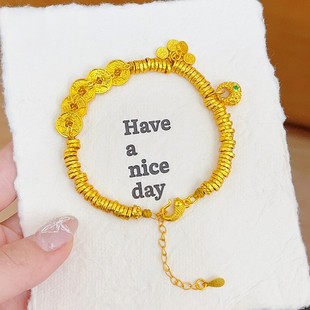 金包银古法五帝钱盘缠手链平安喜乐小鱼胖福钱币钱串子锤纹圈手串