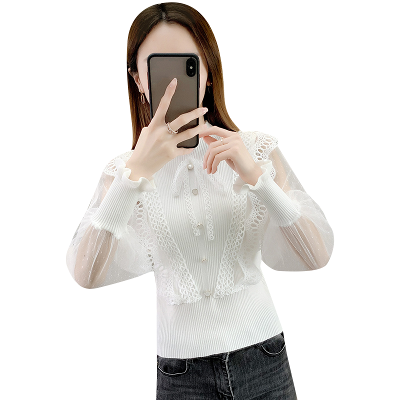 春款2025新款女装薄款圆领毛衣女打底衫蕾丝袖上衣春秋冰丝针织衫