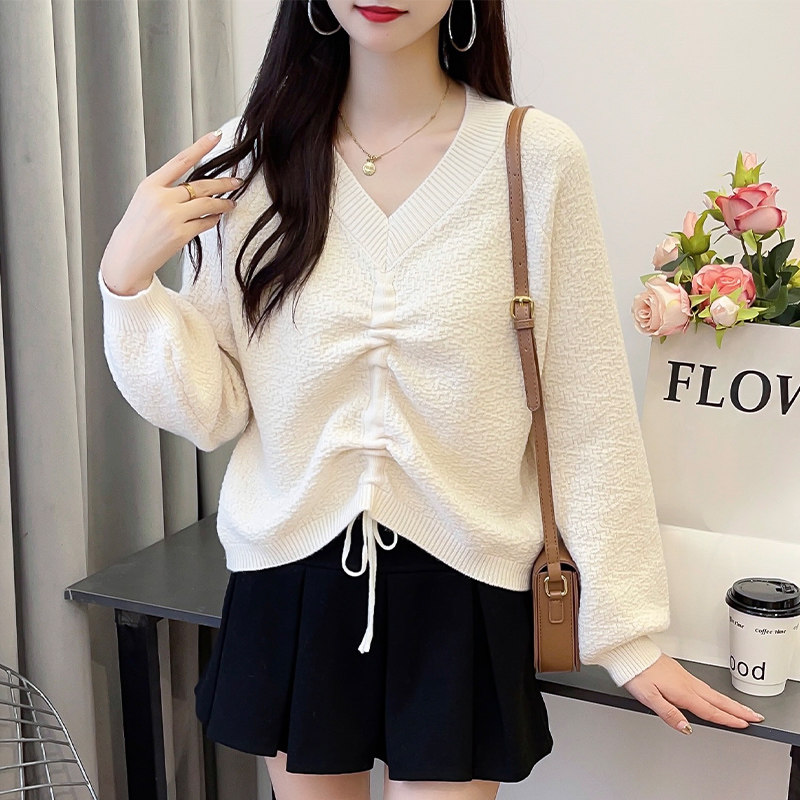 春款毛衣女V领2024新款抽绳宽松秋冬短款套头针织打底衫外穿上衣