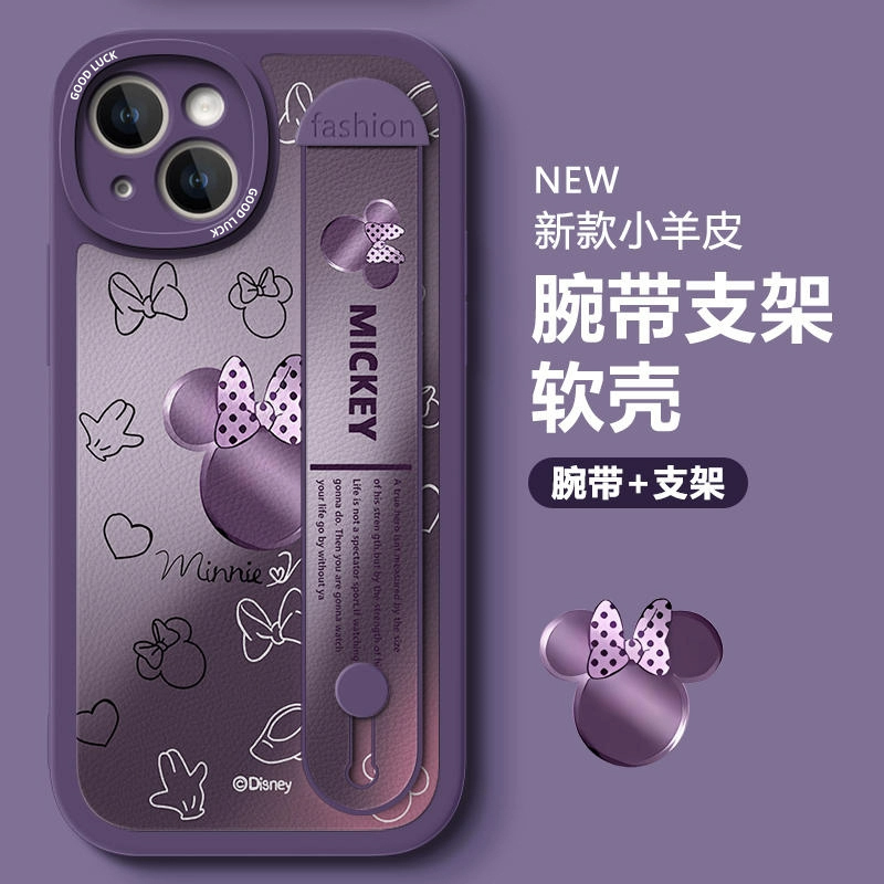 米奇米妮适用苹果15手机壳14腕带小羊皮13硅胶12保护软套11超薄Pro防摔max女新款plus外壳卡通创意iPhone