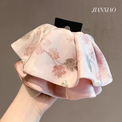 新中式淡雅印花缎面珍珠马尾夹气质温柔盘发夹后脑勺复古抓夹发夹