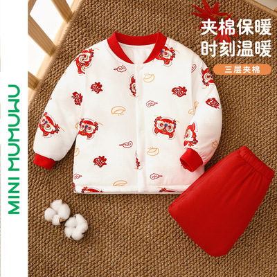 木木屋儿童红色夹棉套装冬季新款
